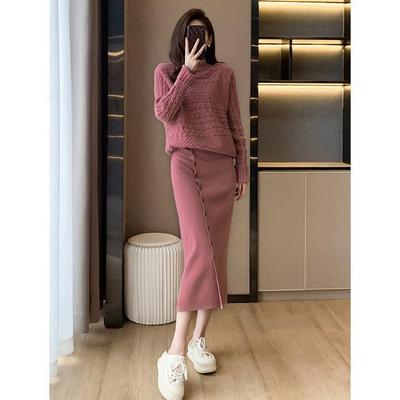 Шерстяной женский модный костюм-двойка: Осенне-зимний свитер и миди-юбка