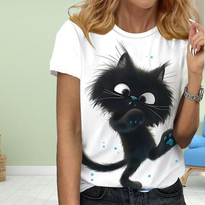 Модная женская футболка с изображением озорного кота, забавная повседневная футболка с круглым вырезом и короткими рукавами, летняя женская футболка