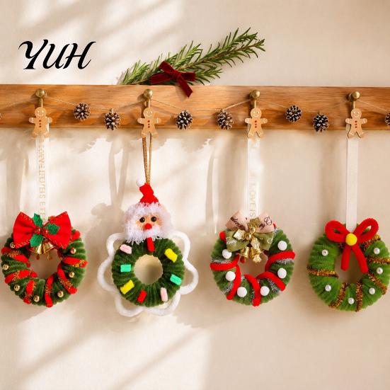Plastic Festive Pendant Handmade Pipe Cleaner Christmas Wreath Ornament, Chenille Stems Mini Cute Holiday Ornament Crafts with Bow Bells for