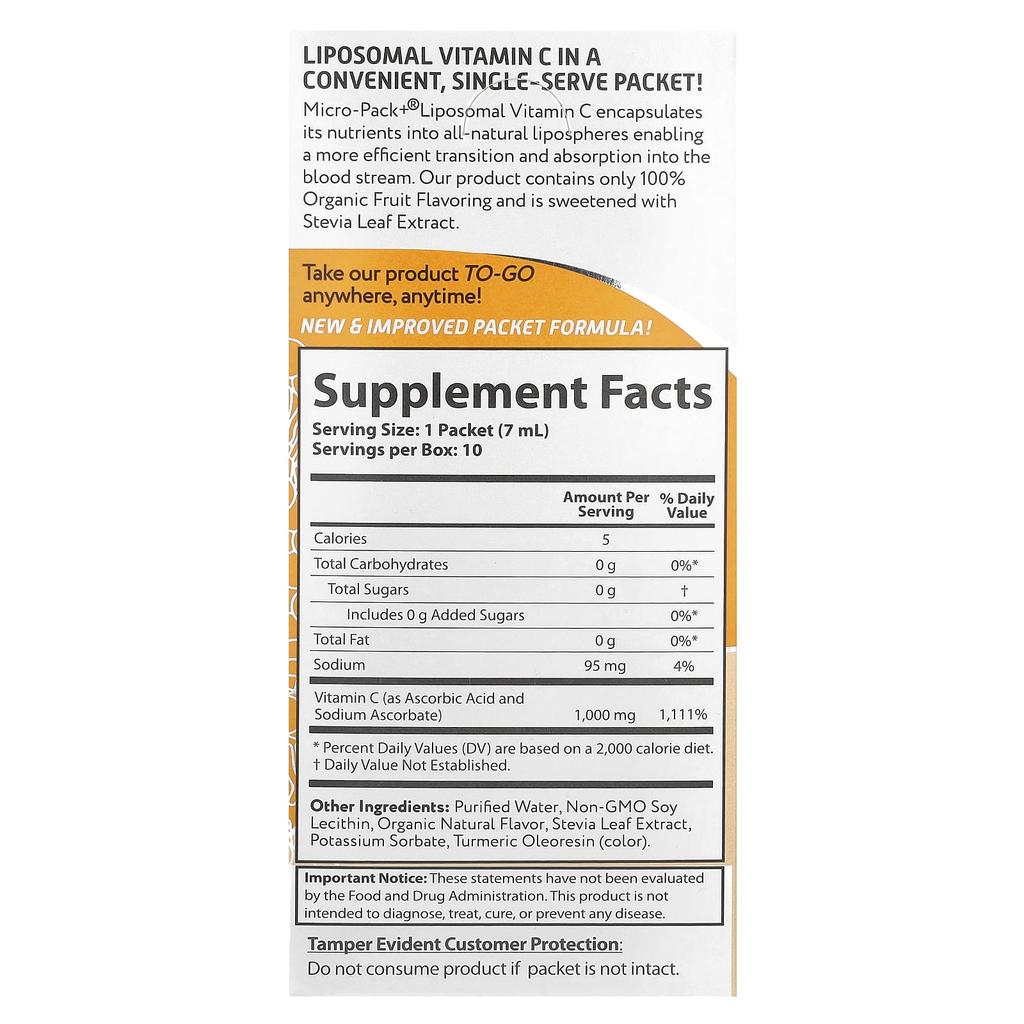 Aurora Nutrascience Micro-Pack+®, липосомальный витамин C, 1000 мг, 10 упаковок, 7 мл (0,24 жидких унций) каждый