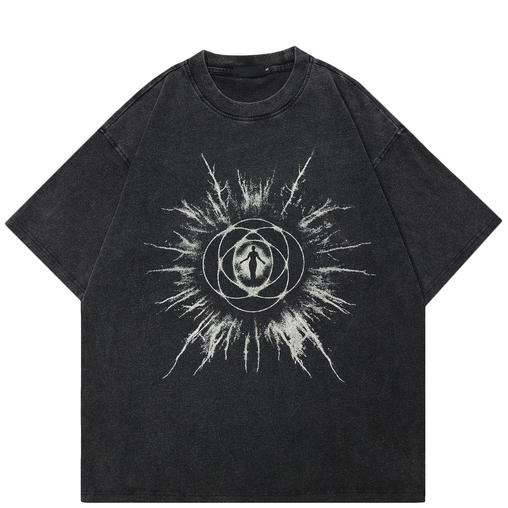 Streetwear Art Graphic T-Shirt Cotton Washed Black Tshirt Unisex Tops Tees Summer Short Sleeves T Shirt