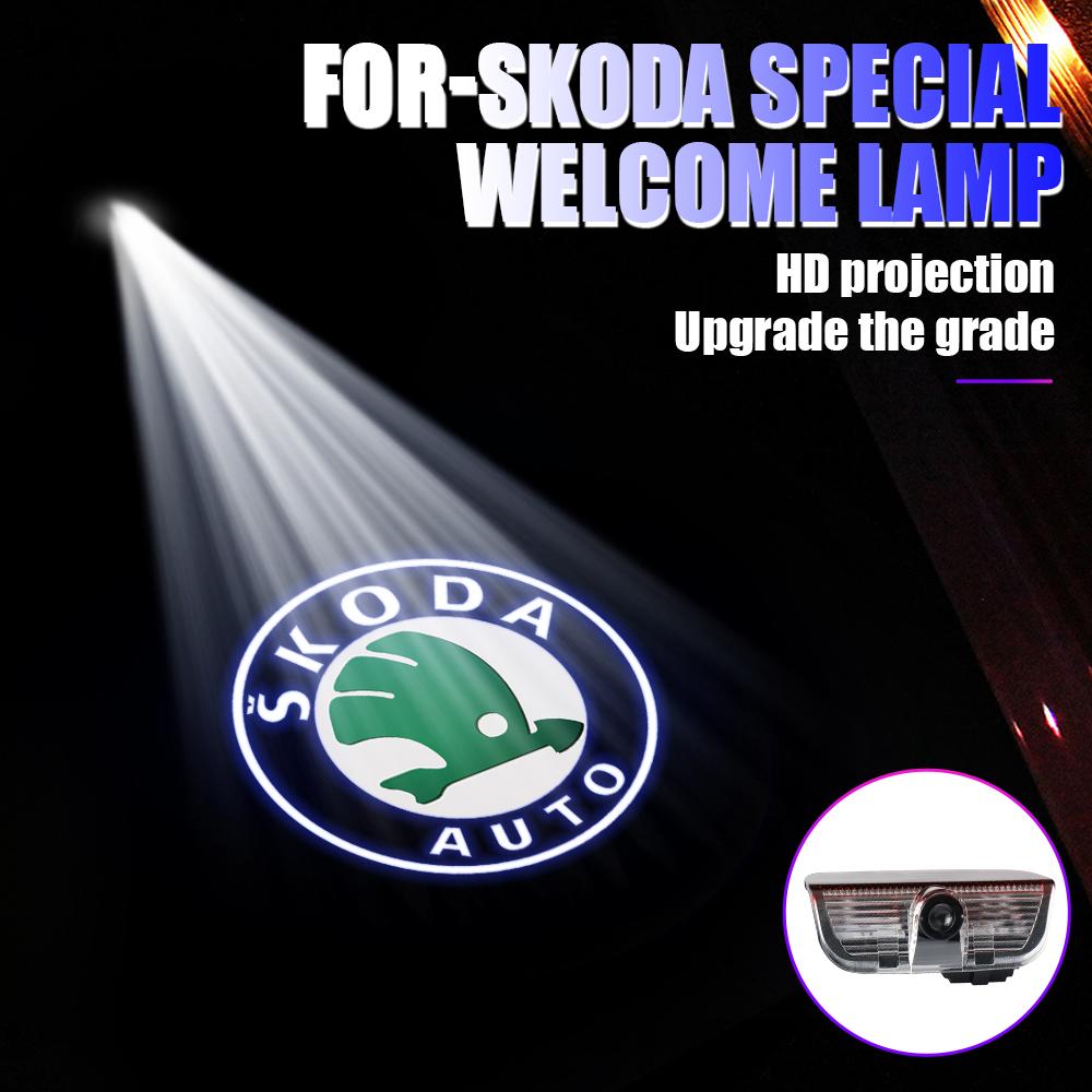 2PCS Car Door Projector Decor Lamp LED Welcome Lights Auto Decoration Accessories for Skoda Superb 2009 2013 2014 Badge Emblem FI4