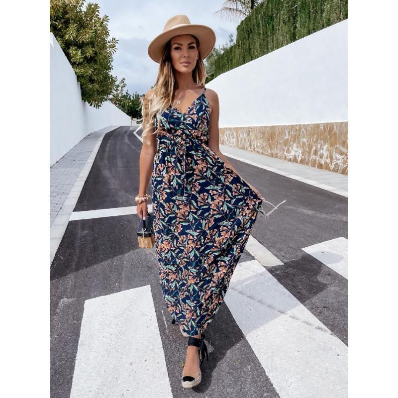 YYFS Женская мода лето весна перо принт без рукавов V-образный вырез высокая талия повседневные платья