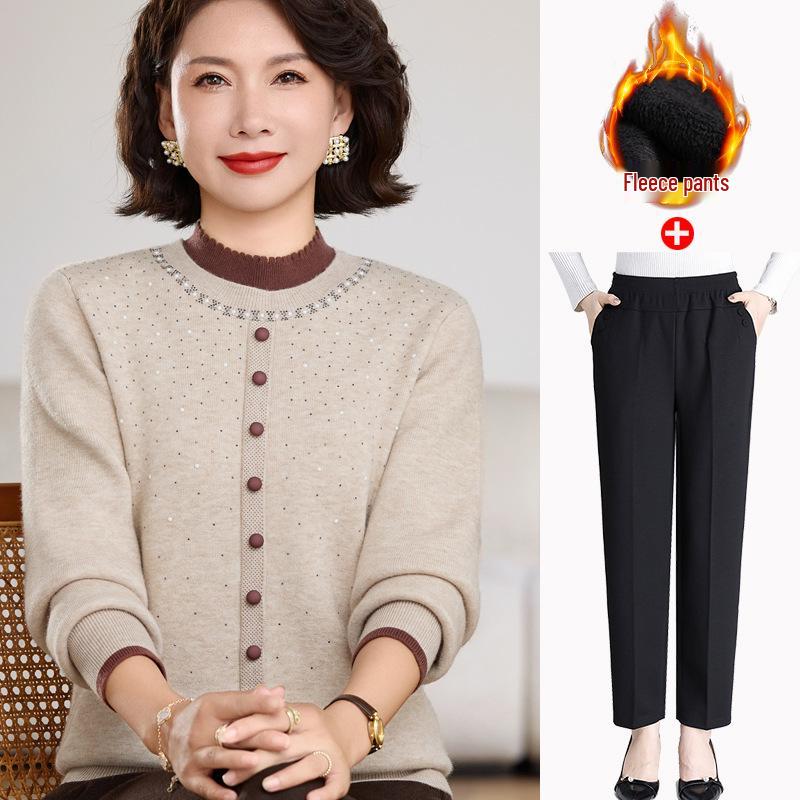 Elegant Winter Half-Collar Knit Sweater for Middle-Aged & Older Women – Velvet-Lined and Warm Two-Piece Look