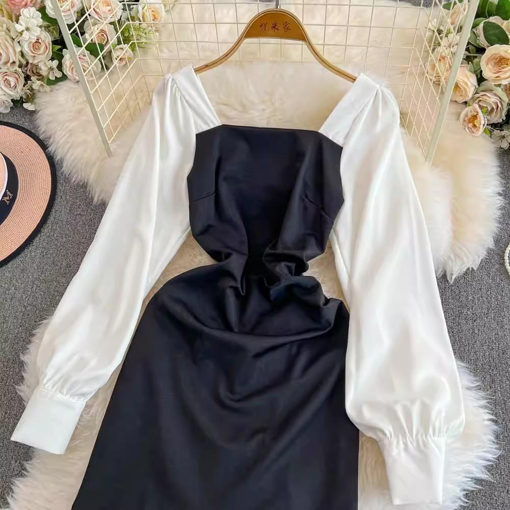 Платье-русалка французского осеннего черно-белого цвета, элегантное женское, с квадратным воротником, рукавами-фонариками, эластичное облегающее платье миди