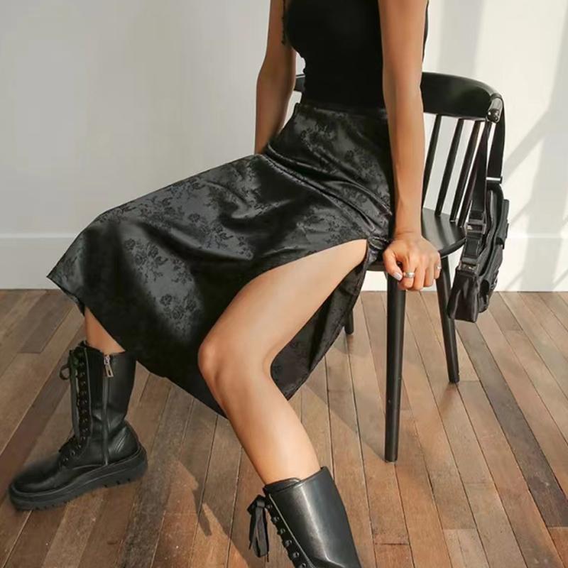 Женские черные длинные юбки, винтажная атласная юбка с цветочным принтом, женские юбки с высокой талией и разрезом по бокам, летние повседневные наряды