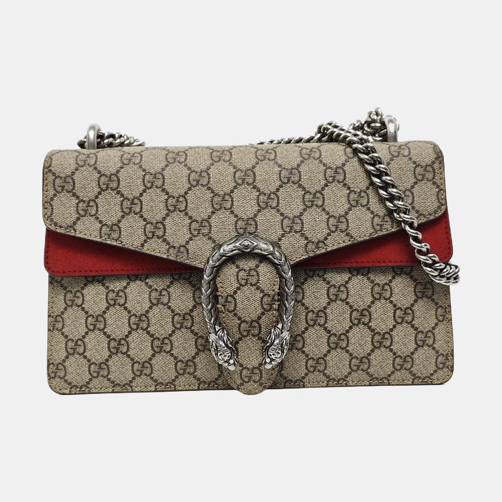 [Pre-Owned] Dionysus Chain Tiger Head Buckle Logo Canvas And Leather Shoulder Bag Small - Very Good #AJX2BY