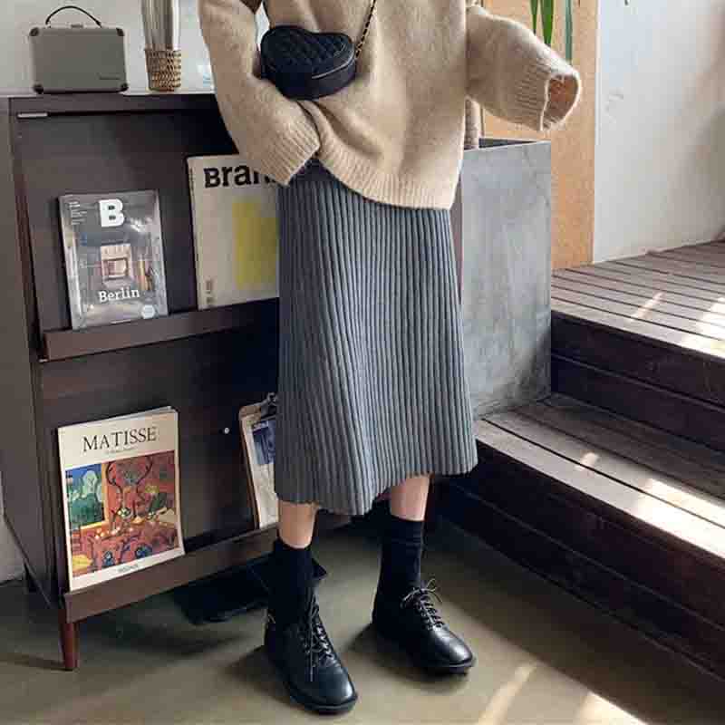 Женские юбки Осень и зима без разрезов Трикотажные юбки средней длины с высокой талией Тонкая юбка трапециевидной формы