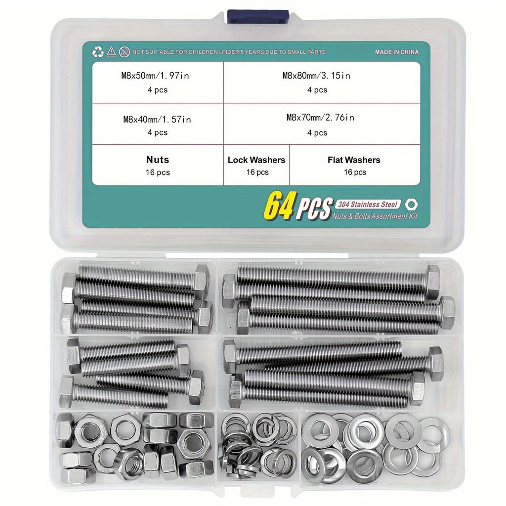 M6 M8 M10 Heavy Duty Bolts and Nuts Assortment Kit, 304 Stainless Steel, Includes 8 Most Common Sizes