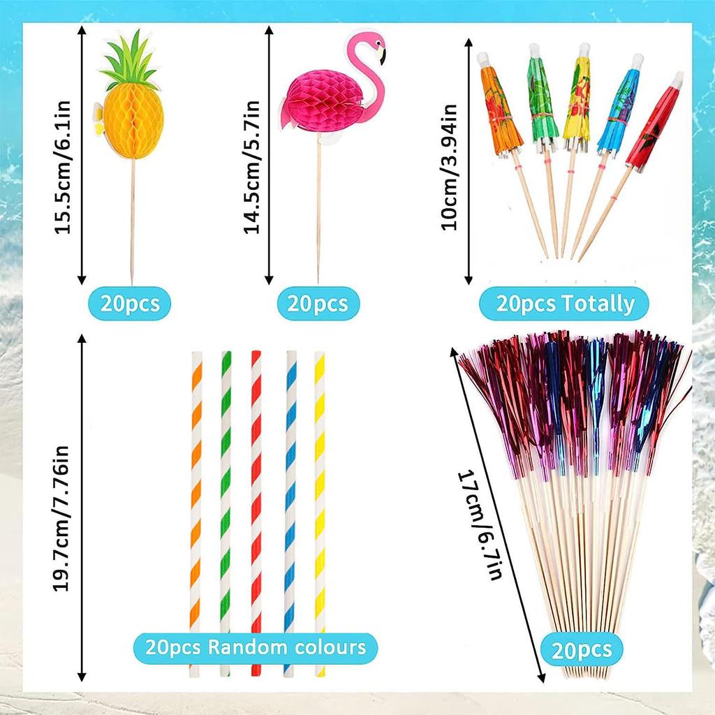 Hawaiian Party Set: 100PCS Colorful Paper Straws, Umbrella Picks, Fruit Picks, Honeycomb Pineapples, Flamingos, Firework Picks