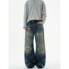 Kisko American High Street Distressed Patch Washed Whiskered Jeans Unisex Trendy Loose Straight Vibe Pants
