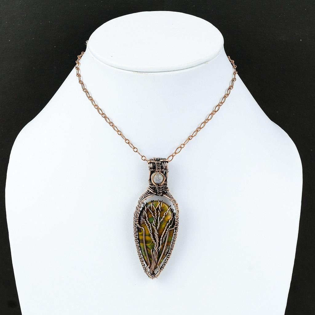 Подвеска из фруктовой яшмы «Дерево жизни», подвеска из медной проволоки с драгоценным камнем, украшения из радужного лунного камня, подвеска из проволоки ручной работы «Дерево жизни», украшения