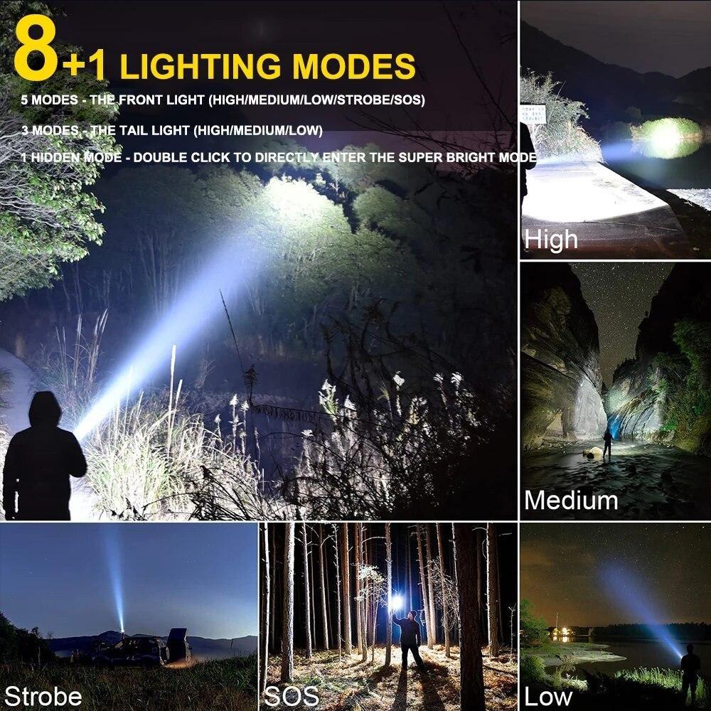 Super Bright LED Flashlight Rechargeable Type C 9000 mAh XPH90 COB Torch Light with Digital Display for Outdoor