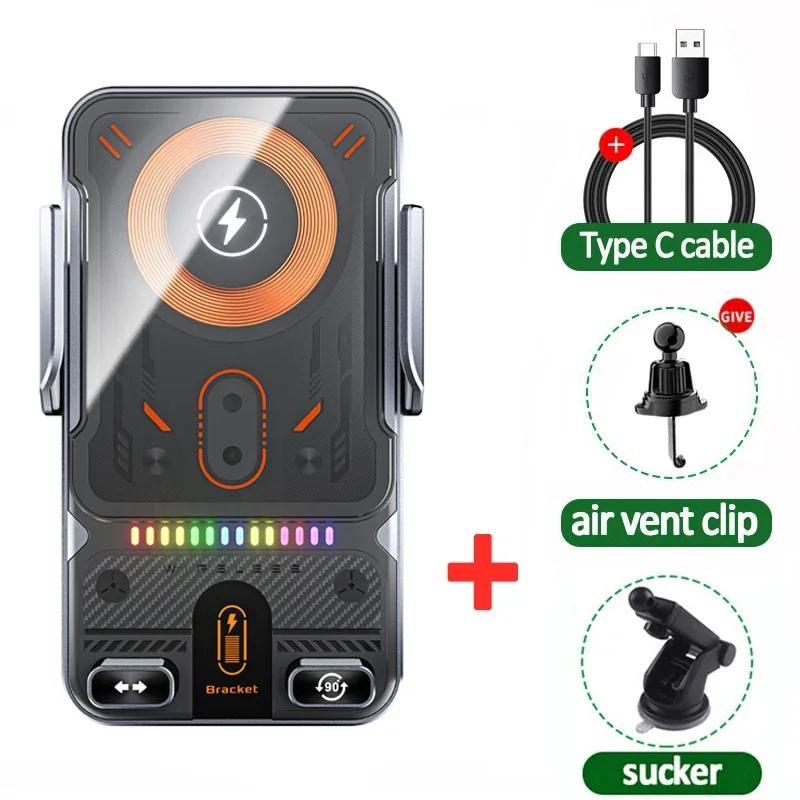 Car Wireless Charger Auto-Clamping RGB Light Phone Holder Stand Touching 360 Rotation Fast Charging Bracket For iPhone Samsung