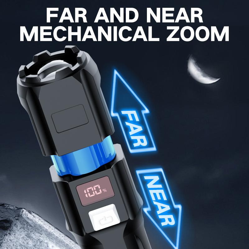High-power digital display LED flashlight USB rechargeable flashlight Portable zoom Camping light 3 Lighting mode using high-str