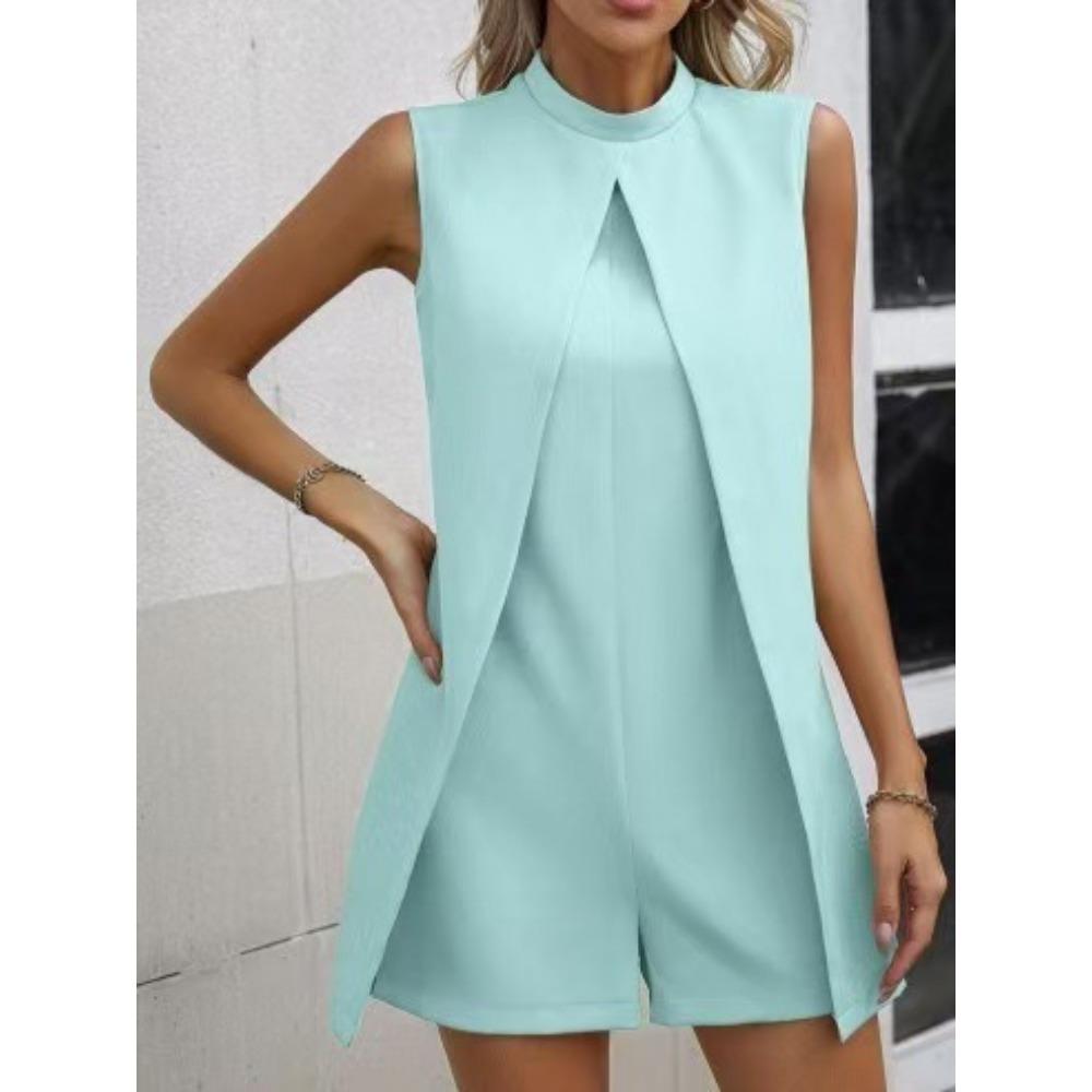 Женский круглый вырез модный однотонный короткий комбинезон без рукавов