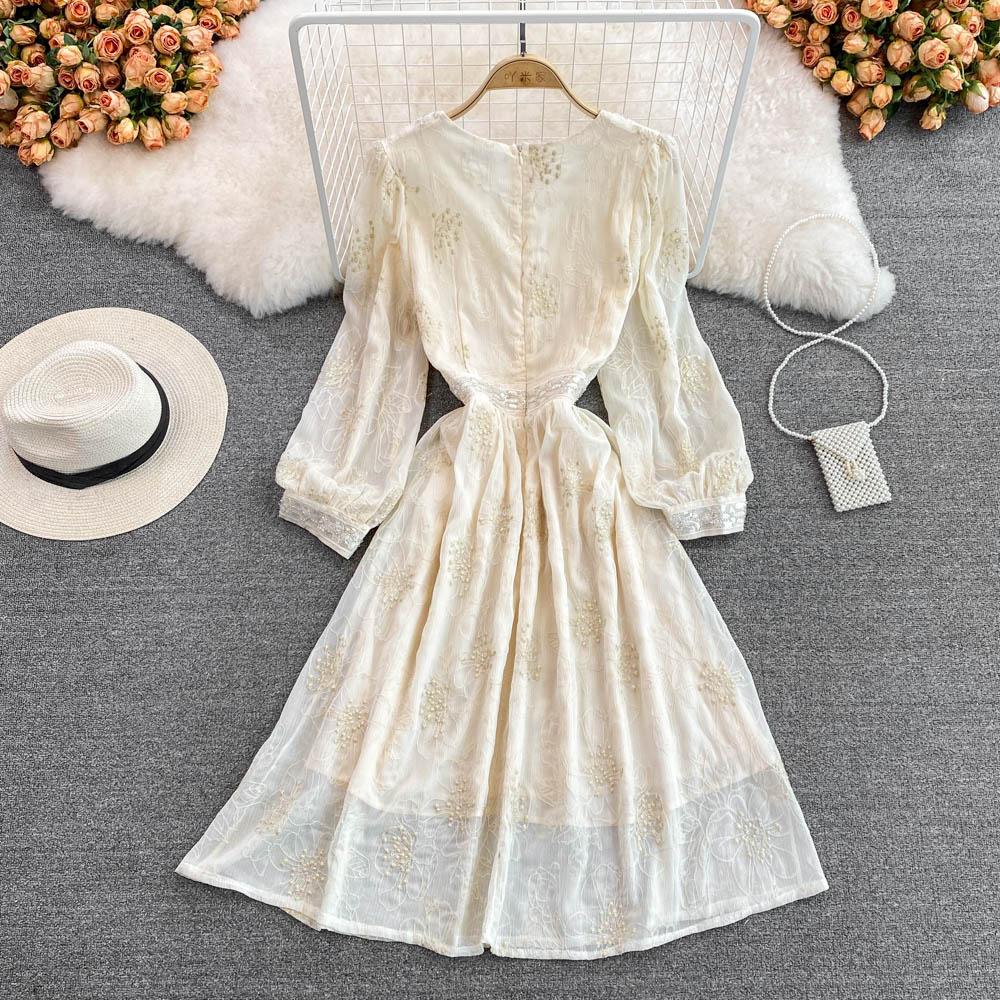 Lente Zachte Wind Temperament Fee Super Xiansen Afdeling Taille Sluiten Dunne Lange Mouwen V-hals Sequin Een-Woord Jurk