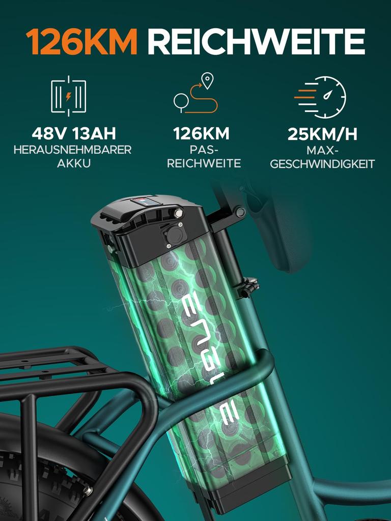 Электровелосипед ENGWE, мотор 250 Вт, аккумулятор 48 В 13 Ач, широкие шины 20 x 4.0, запас хода до 120 км, 7 скоростей, максимальная скорость 25 км/ч (Режим L20/L20 Boost).