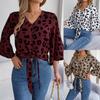 Spring Summer Casual Leopard Print Middle Sleeve Tie Bow Top Women Button Shirt