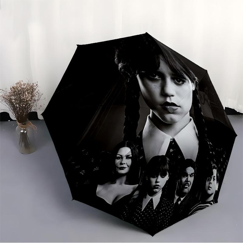 1PC Wednesday Addams Print Umbrella, Featuring Automatic Folding, And Shielding. This Sturdy And Durable Umbrella with Eight Ribs Is Convenient for Ou