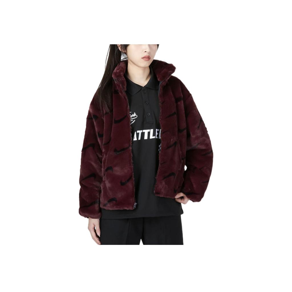 Nike Womens Printed Faux Fur Jacket (Asia Sizing) Burgundy Crush Women Streetwear DQ6843-652