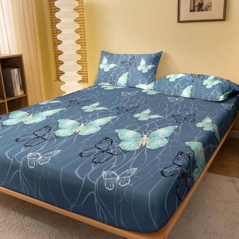 1 Simple Modern Butterfly Printed Matte Fitted Sheet, Bedroom Printed Bed Cover, Bedding (Excluding Pillowcases)