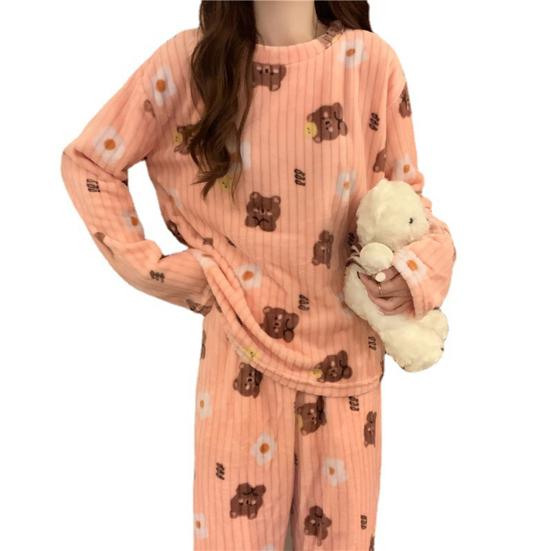 2 Pcs/Set Women Winter Pajamas Set Round Neck Cartoon Bear And Peach Pattern Long