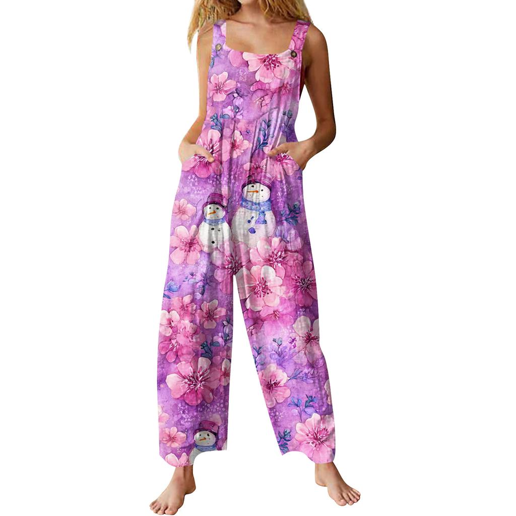 Womens Casual Overalls Jumpsuits Adjustable Straps Sleeveless Print Comfy Rompers With Pocket