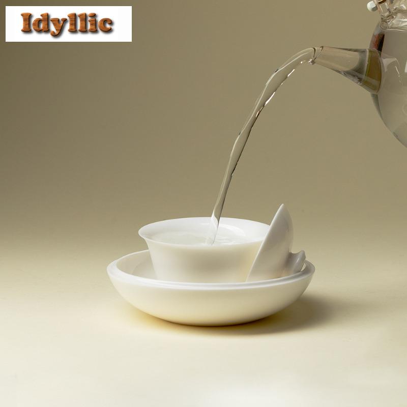 120 мл Фарфоровый гайвань из жадеитовой глины с глазурью цвета сладкого белого, эстетичная чайная турина, чайная чаша с крышкой, набор, крышка-чаша для заваривания чая, чайная посуда, подарок