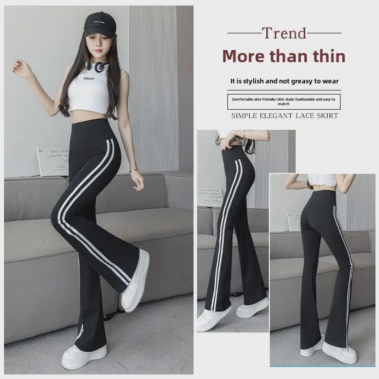 Women's High-Waist Shark Flared Pants with Side Stripes - Slim Fit Barbie Trousers for Spring Outerwear
