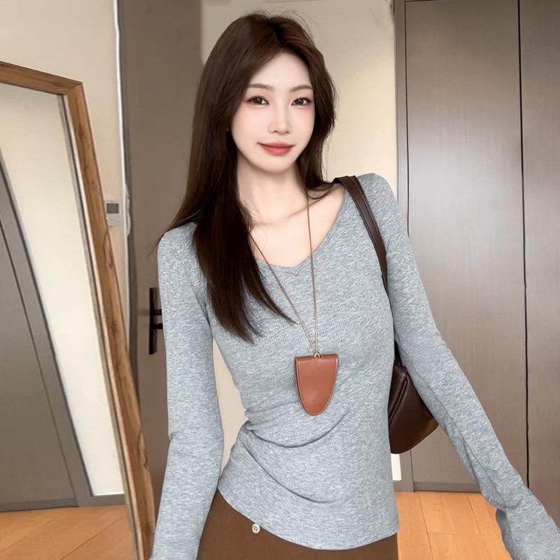 Women S Gray V Neck Long Sleeve Fitted Inner Top For Spring Autumn