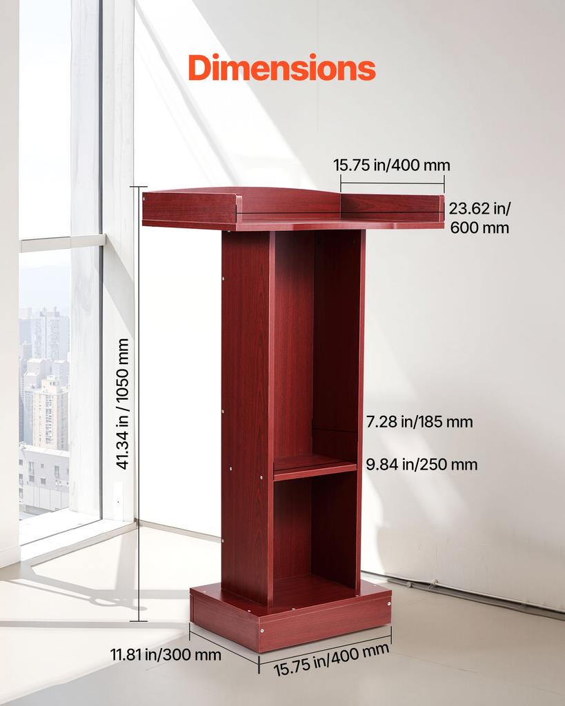 VEVOR Podium Stand, 1040 mm Wooden Lectern, Laptop Desk with Wide Reading Surface and Storage Shelf, Edge Stopper, Elegant Design, Flool-Standing