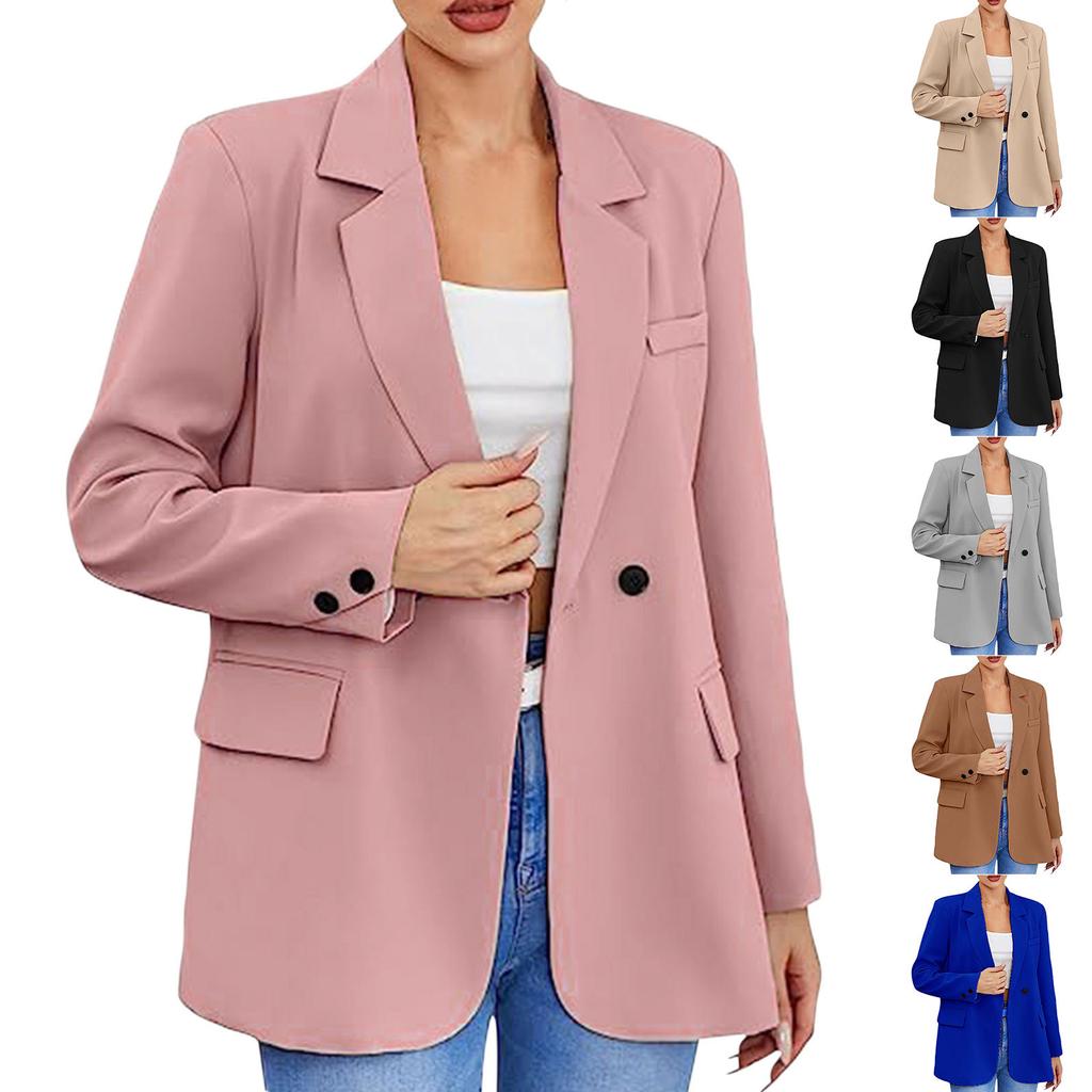Women Fall Spring Suit Coat Formal Business Style Button Closure Cardigan Solid Color Plus Size Loose Lapel Long Sleeve Pockets OL Commute Jacket