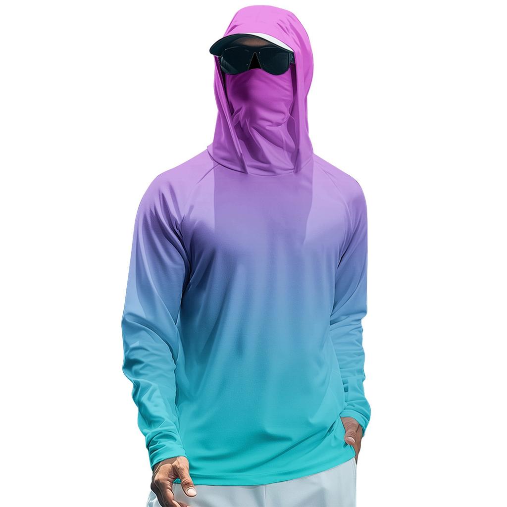 Men's Summer Gradient Color Quick-drying Long-sleeved T-shirt Sun Clothing Fishing Fitness Sports Hooded Long-sleeved Top