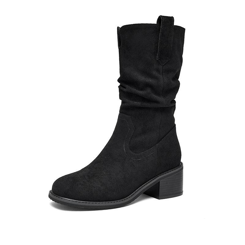 Augustine Western Cowboy Boots Women's 2025 New Autumn and Winter Black Pile Short Boots Coarse Heel Knight Martin Boots