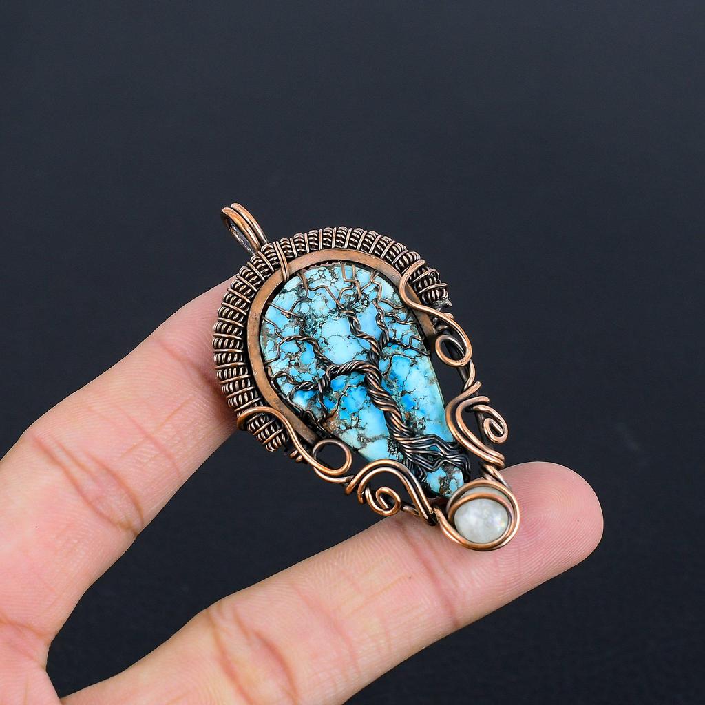 Blue Turquoise Handmade Gemstone Pendant, 999 Copper Wire Wrapped Antique Jewelry Pendant, For Engagement Gift
