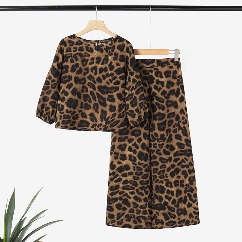 ZANZEA Женская блузка и брюки, повседневный комплект из двух предметов с леопардовым принтом
