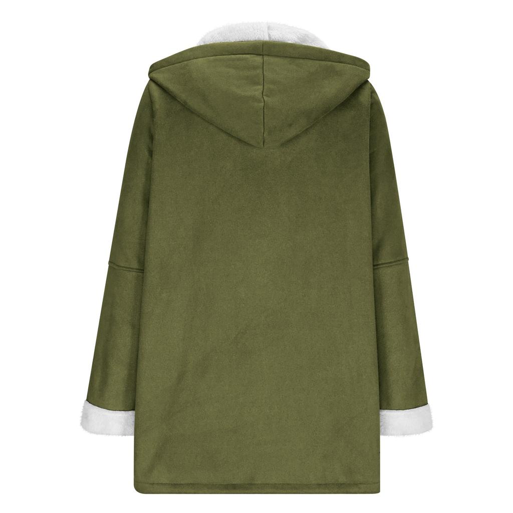 Women's Fashionable Coat Solid Color Long Sleeved Pocket Loose Hooded Zipper Plush Jacket