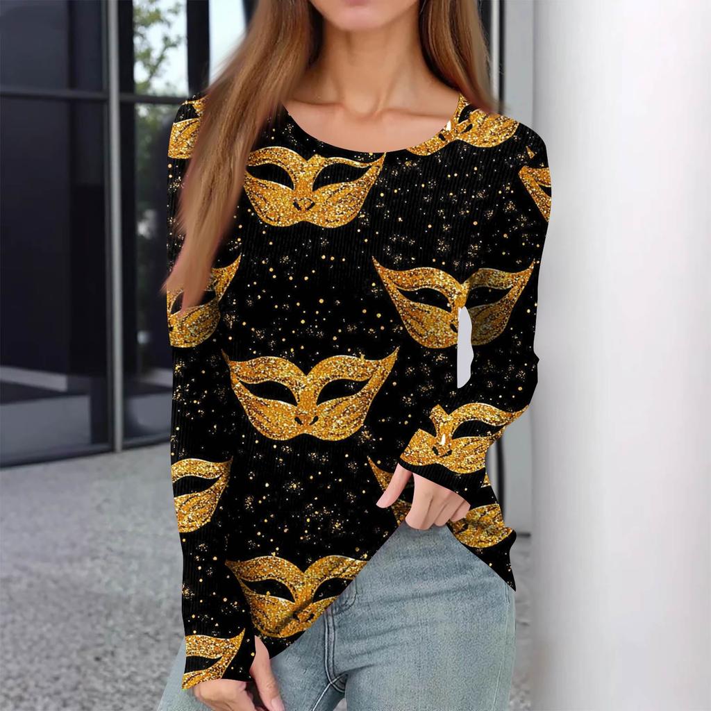 Женская зимняя приталенная футболка Модная повседневная с принтом, с круглым вырезом, пуловер, топ с длинным рукавом