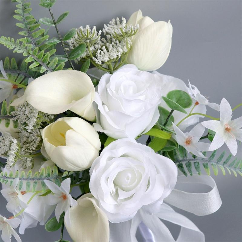 White Bridal Bouquets Wedding Bouquets with Ribbon for Bridal, Bridesmaids, Anniversary, Wedding Party Decorations