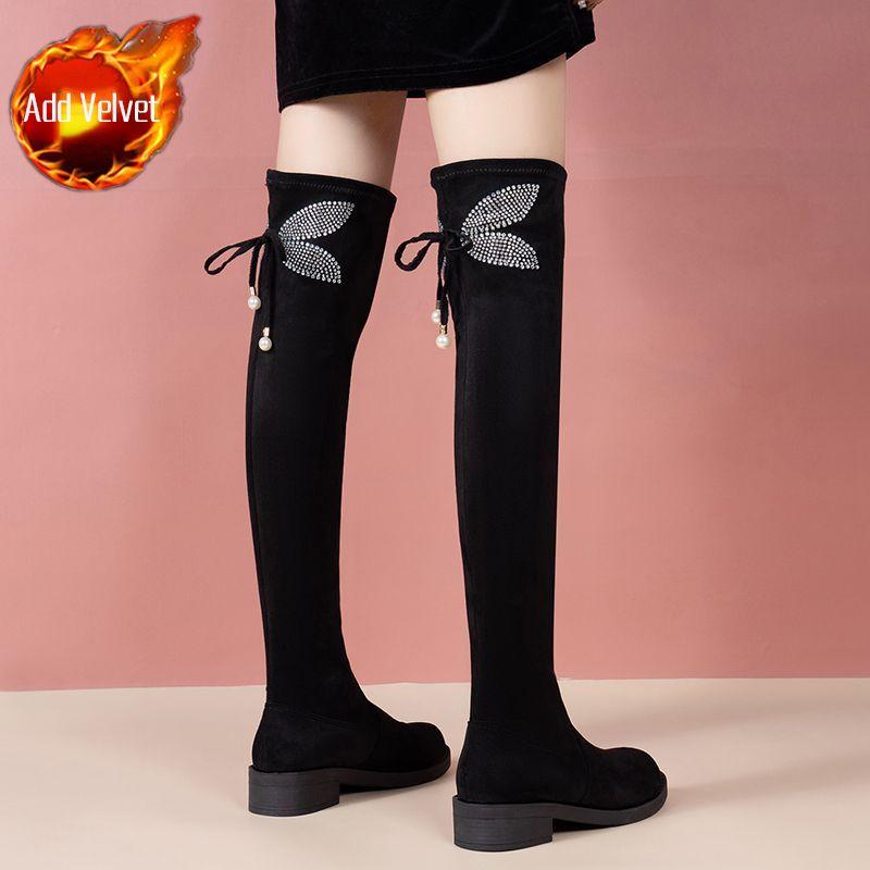 Модные Элегантные Туфли на Каблуке со Стразами с Круглым Носком Выше Колена Женские Осенне-Зимние Ботинки-Чулки из Черной Замши для Женщин
