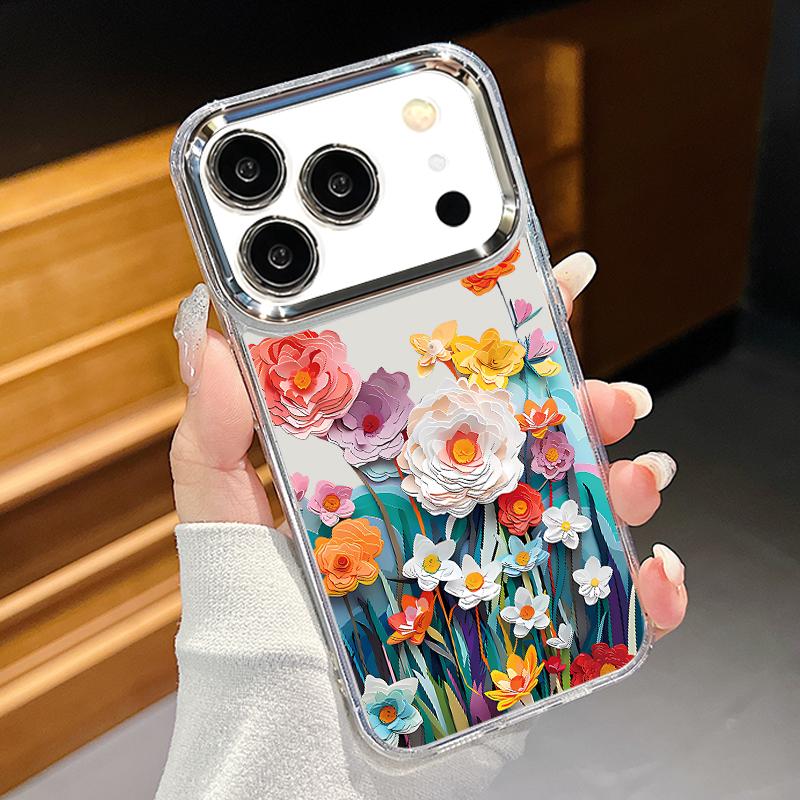 Чехол с принтом «Цветы» для iPhone 17 Pro Max iPhone 16 15 14 13 Pro Max 11 17e 16e Рамка для камеры с покрытием Прозрачная мягкая силиконовая задняя крышка