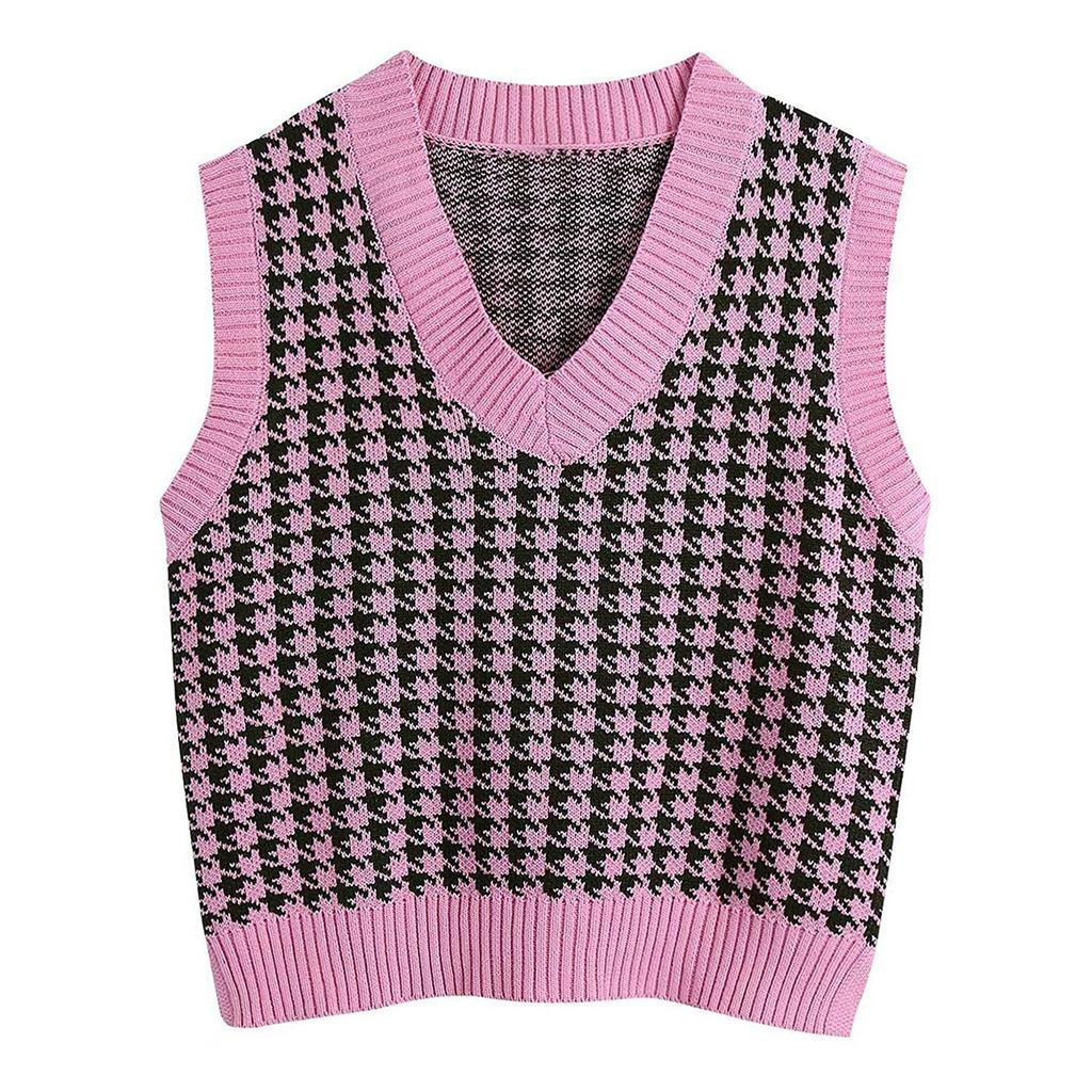 Women's Casual V-Neck Pullover Shirt Collision Color Sleeveless Sweater Vest