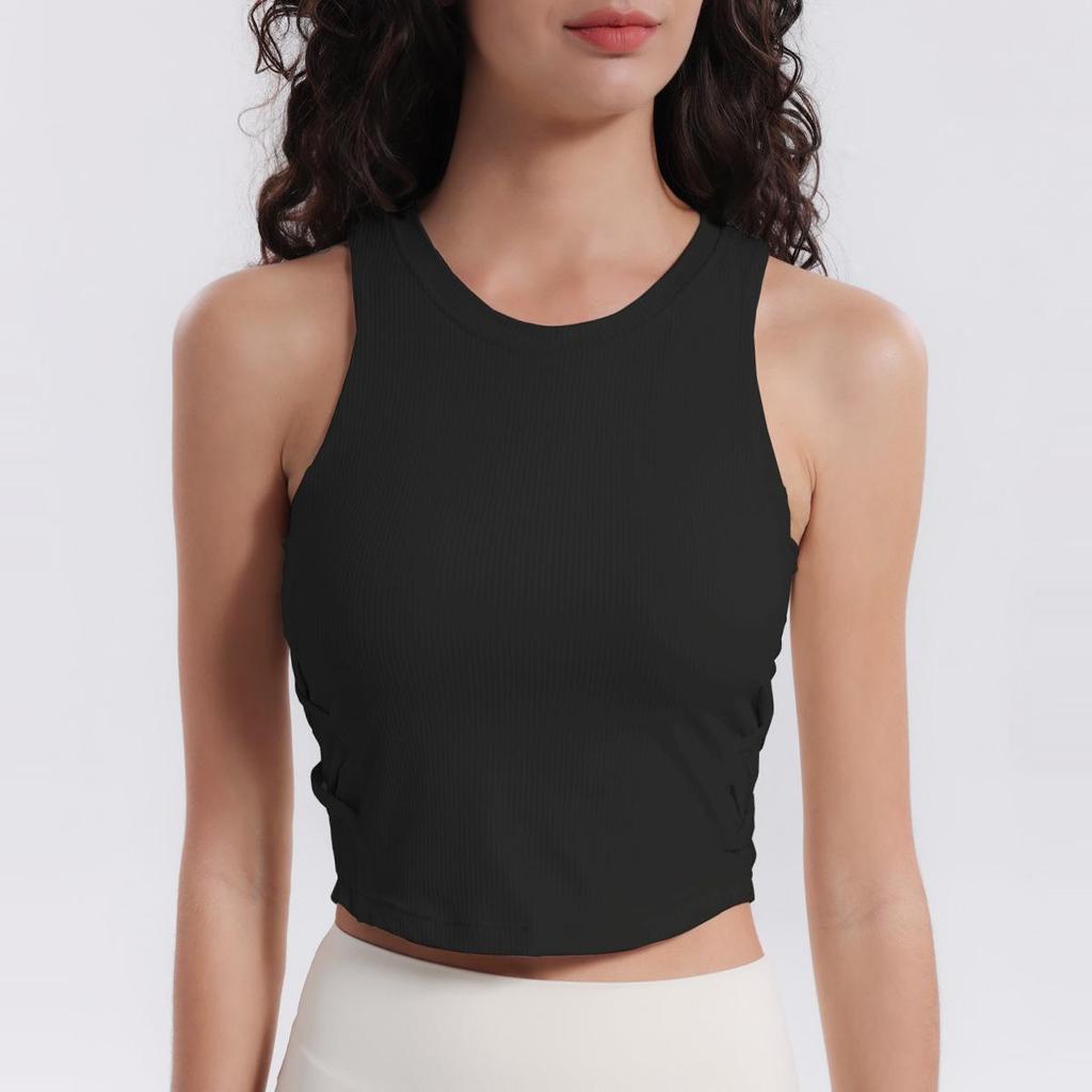 Autumn 2024 Lulu Yoga Vest with Side Waist Crisscross, High Elasticity, Moisture-Wicking, and Padded Sports Bra.
