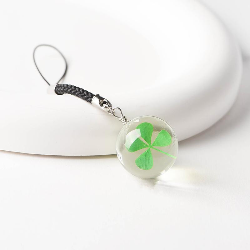 Зеленый счастливый четырехлистный клевер брелок креативный сухой цветок стеклянный кулон телефон шнурок автомобильный ключ украшения аксессуары подарки для девочек