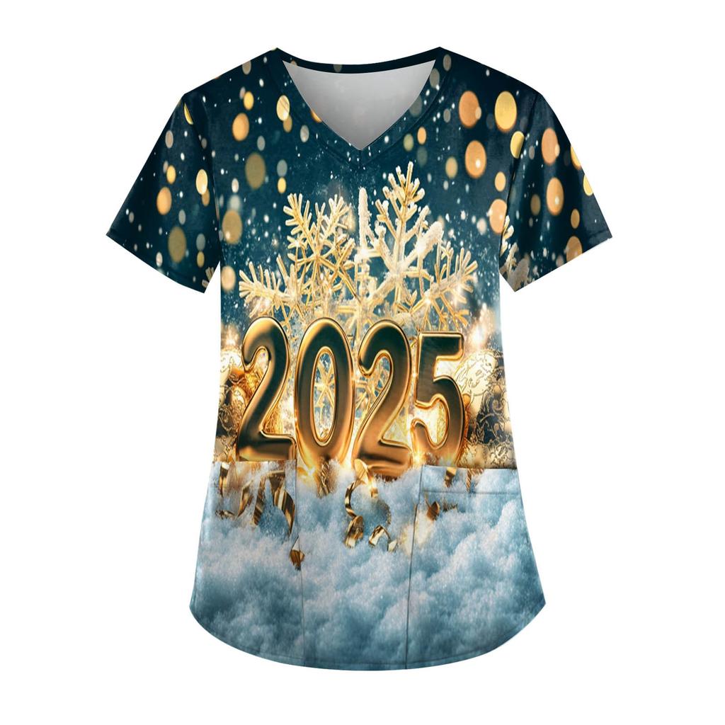 Women's Fashion New Year Printed Short Sleeve V-Neck Top Small Pocket Work T-Shirt