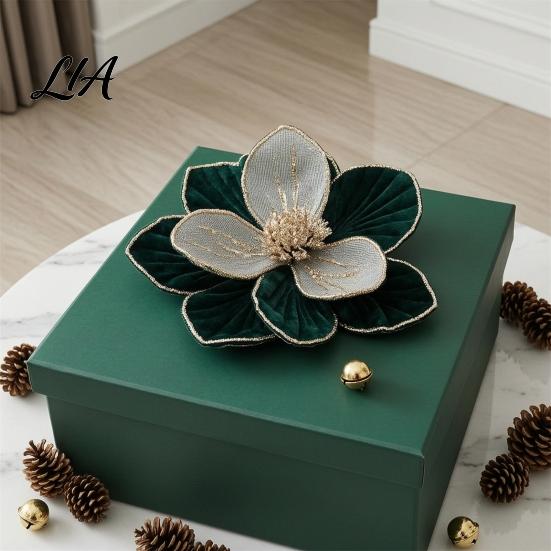 Christmas Floral Arrangements Glitter Magnolia Flower, Velvet Artificial Flower Pick for Xmas Tree Fabric Picks and Vase, Faux Stem Ornament