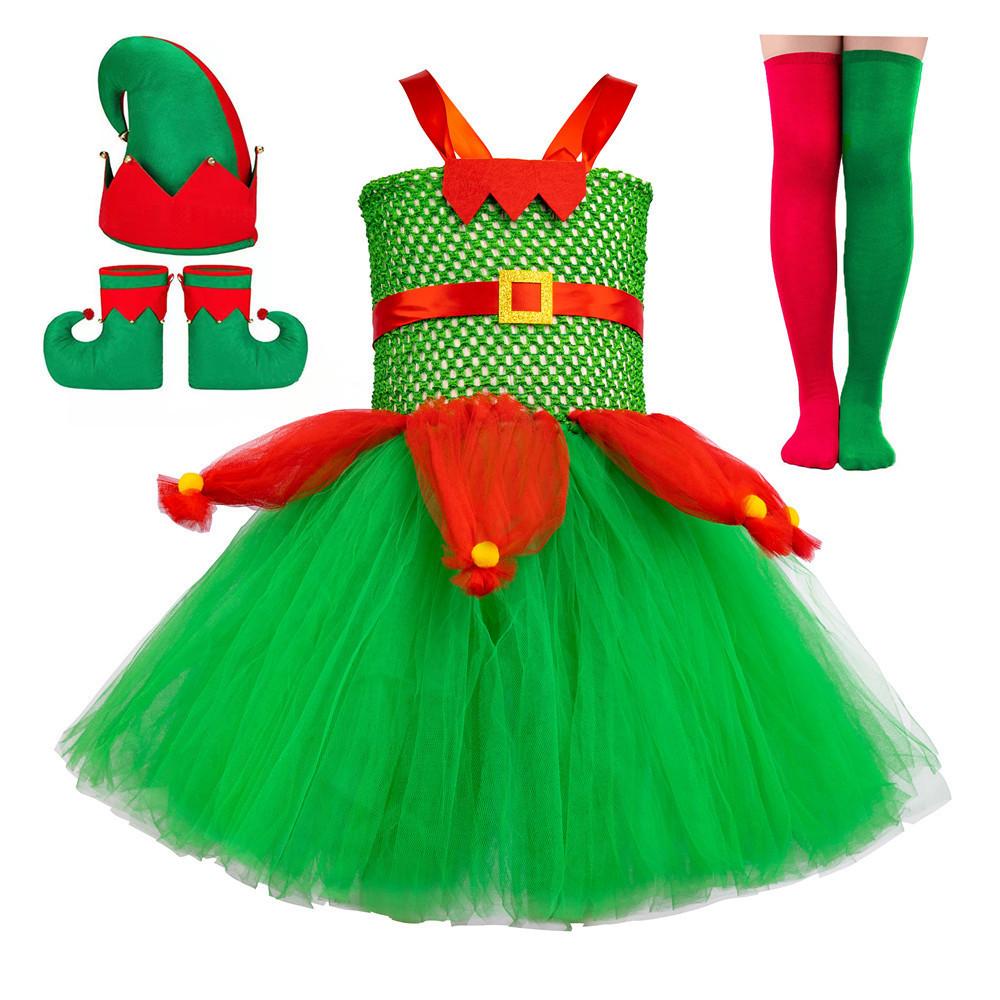 Elegant European And American Children's Christmas Elf Costume For Parties And Performances Red And Green Net Tulle Christmas Tree Skirt