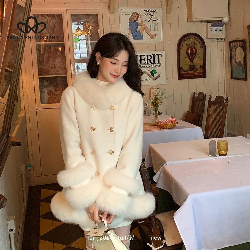 Fall and Winter New Court Style Imitation Fox Hair Splicing Double-breasted Celebrity Thickened Tweed Coat Jacket