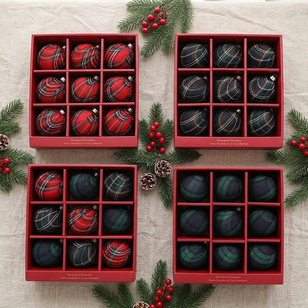 9Pcs Vintage Plaid Fabric Christmas Ball Set Grid Pattern Christmas Gift Spheres Home Decor
